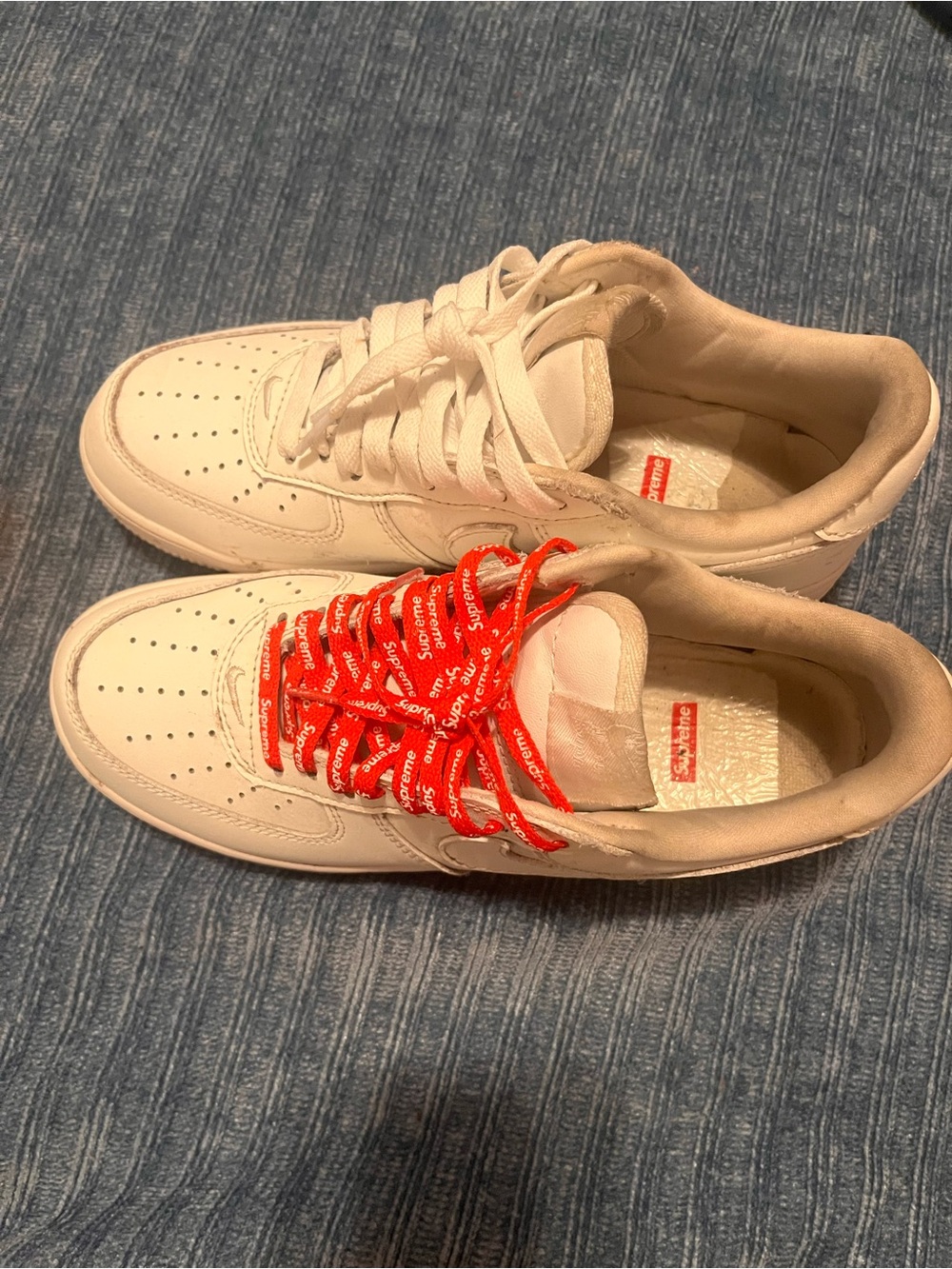 Supreme White Kids Sneakers with Red Branded Laces